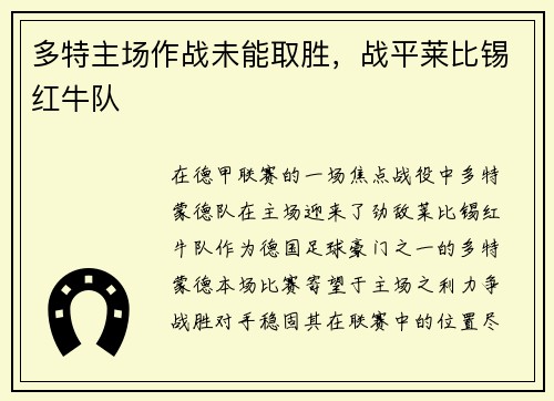 多特主场作战未能取胜，战平莱比锡红牛队